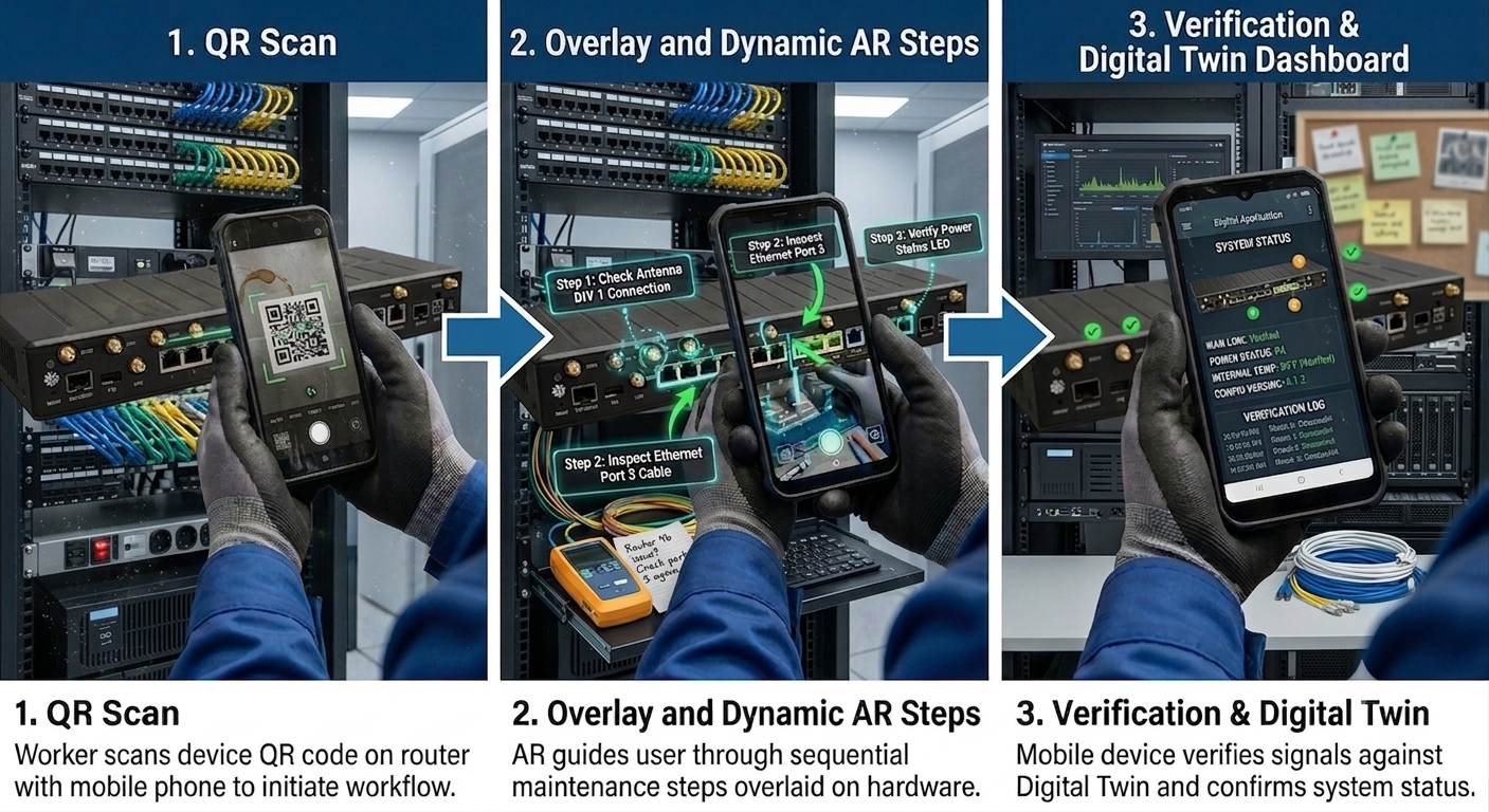 Three-step AR workflow: QR scan → step-by-step overlay on hardware → digital twin signal verification screen