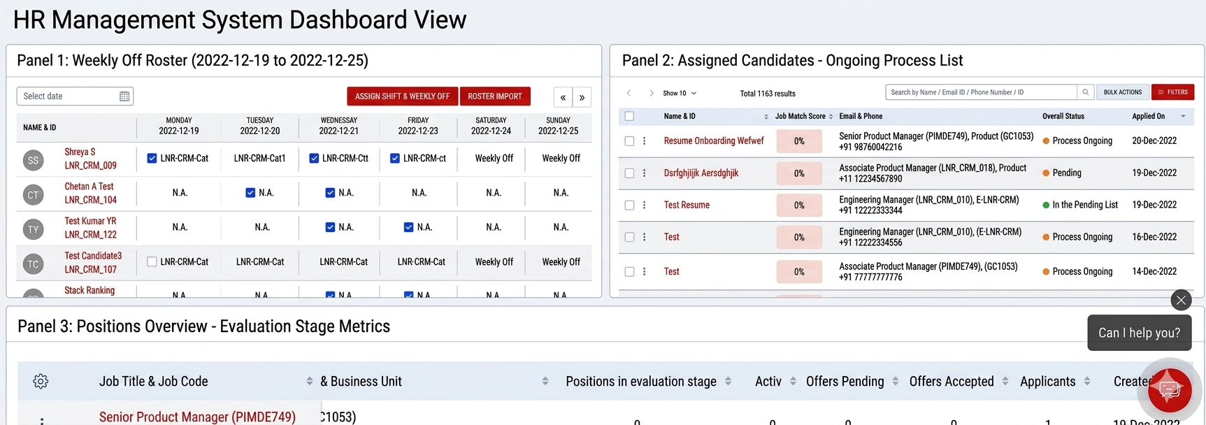 Darwinbox HR dashboard — three table panels, each with different sort, selection and interaction patterns built independently